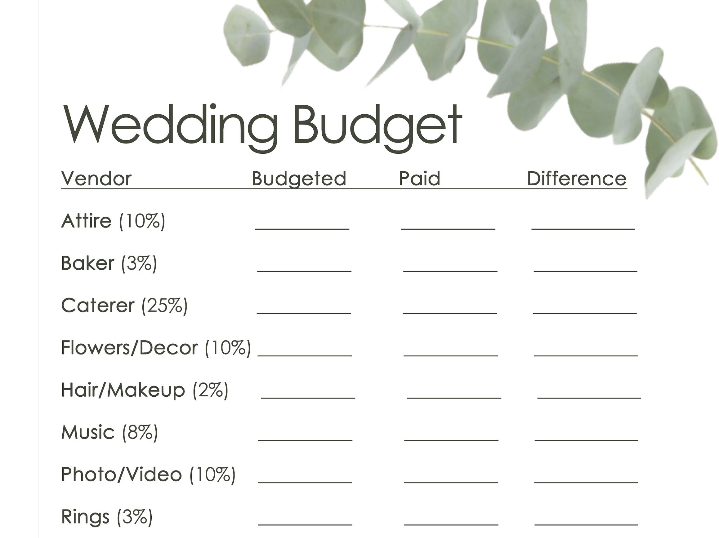Wedding Budget, Wedding Vendors, Vendor Contact, Worksheet ...