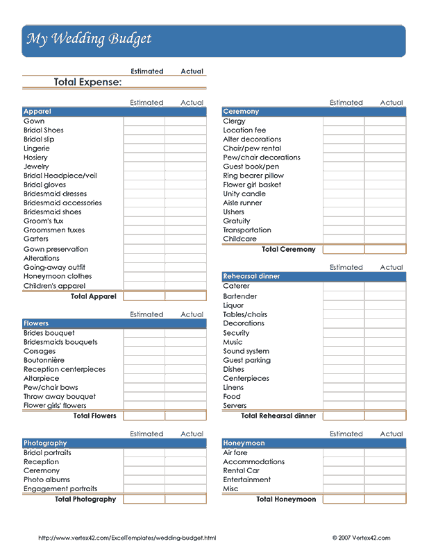 Free Wedding Budget Worksheet