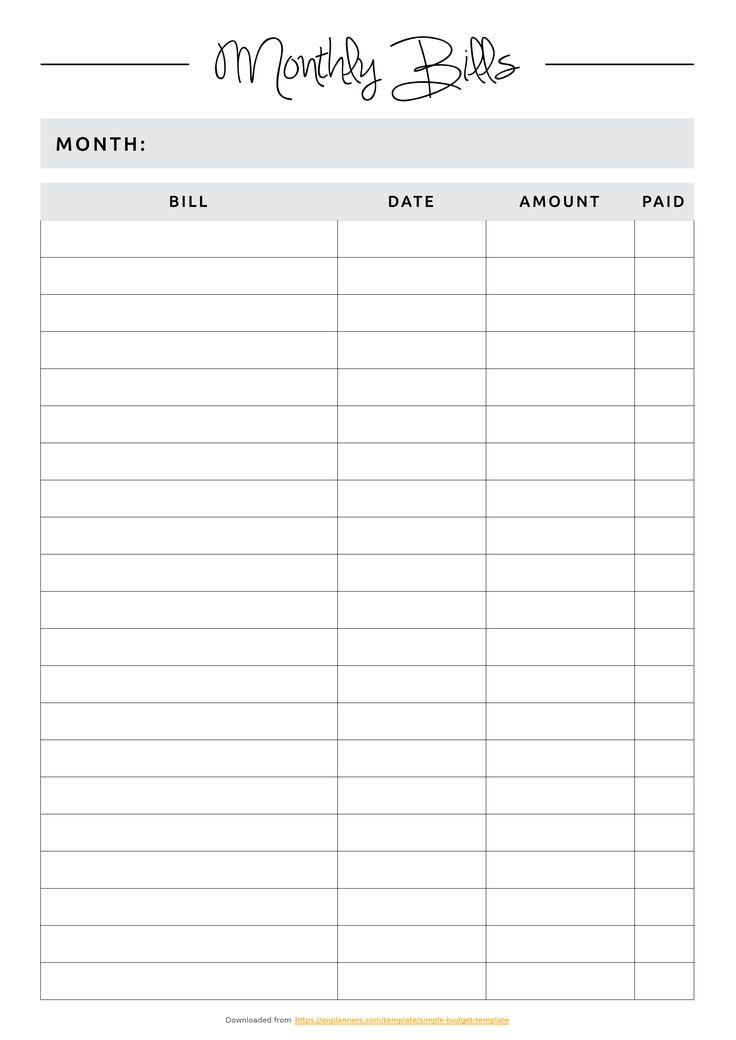 Printable Simple budget template PDF Download