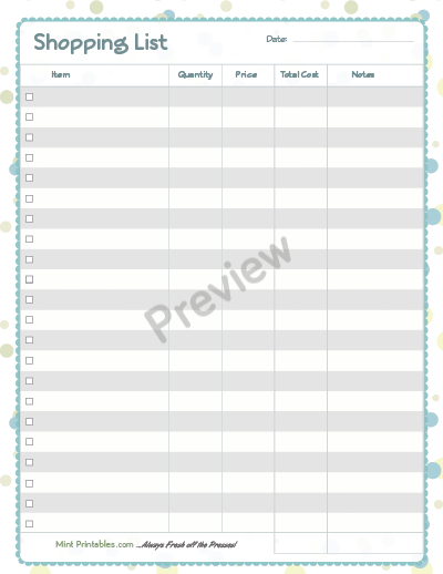 Printable Shopping List With Budget Planner &  Notes
