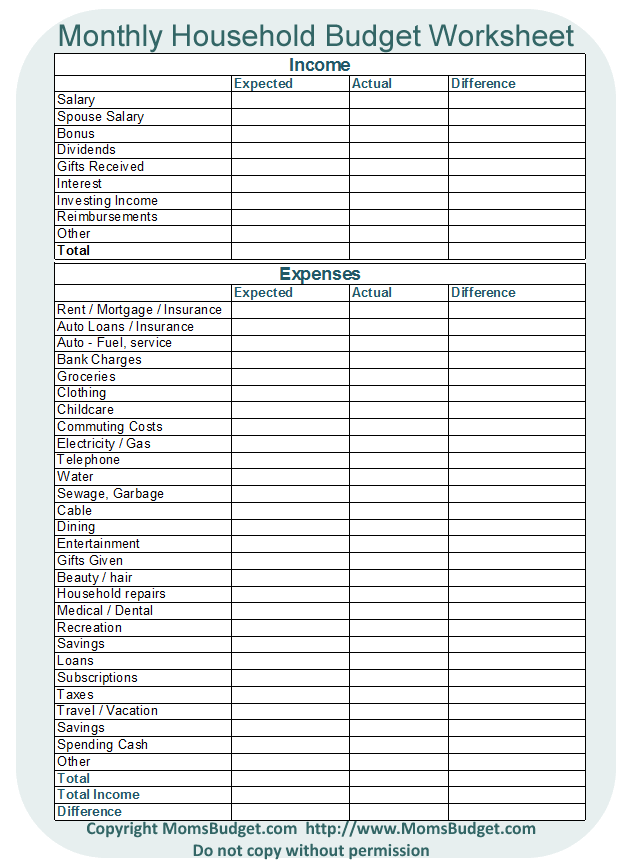 printable budget worksheet monthly