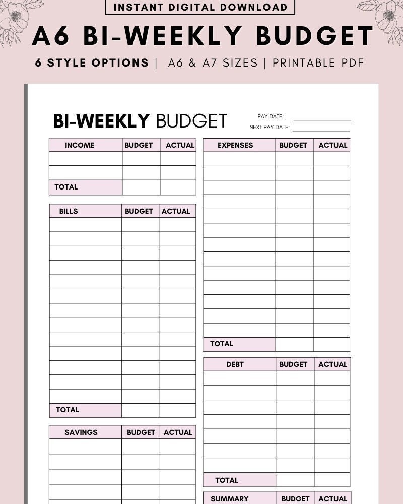 A6 PDF BI-WEEKLY Budget Overview Template Printable, Paycheck ...