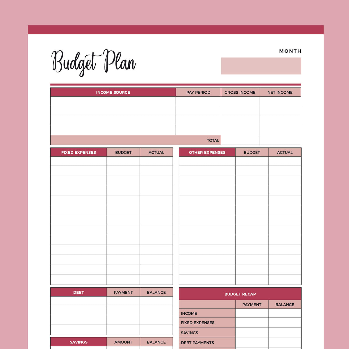Printable Budget Worksheet | US Letter &  A4 PDF | FREE Download ...