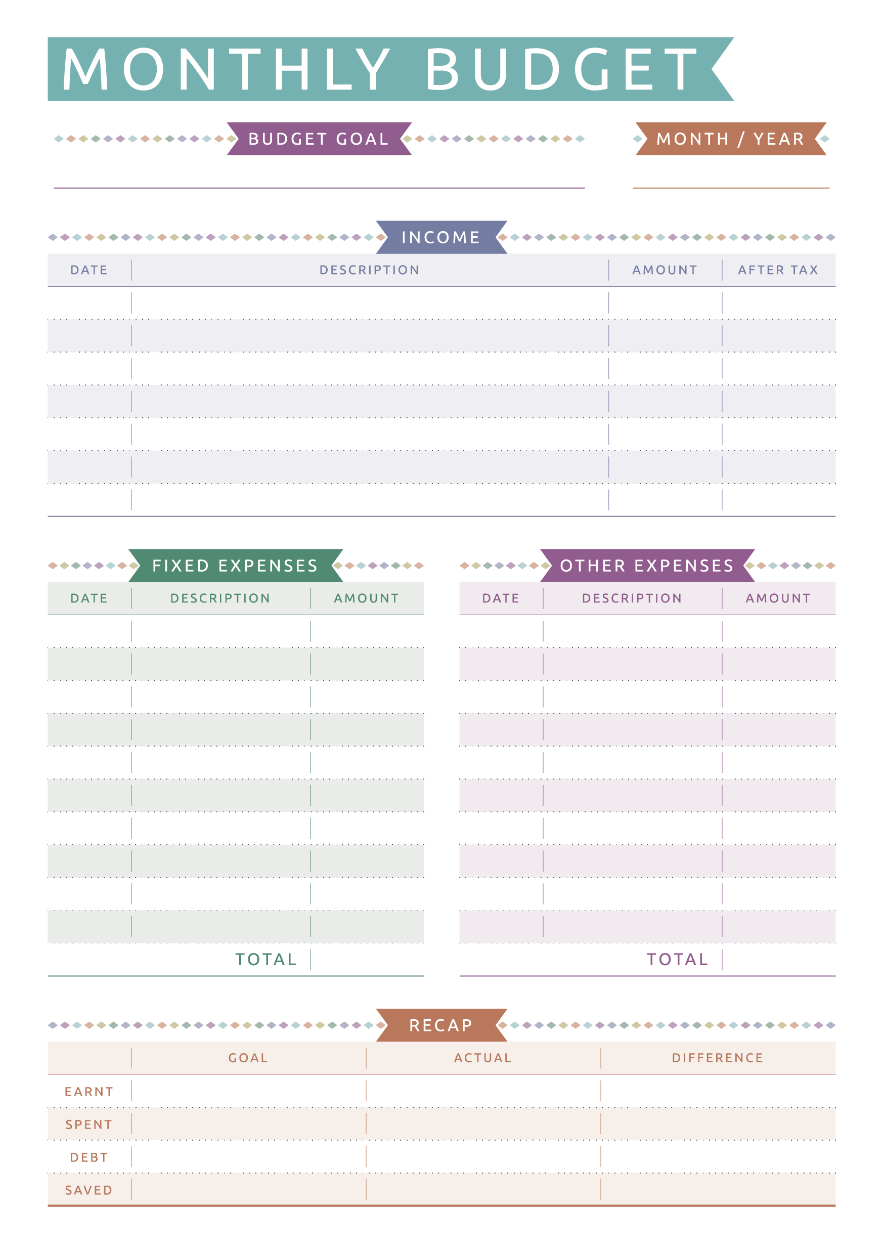 Printable Monthly Budget - Casual Style PDF Download