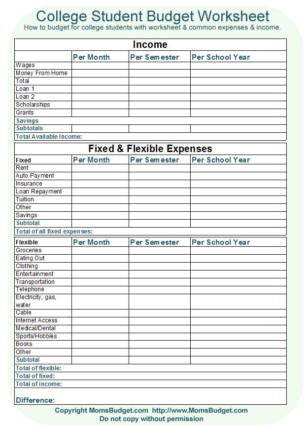 printable budget worksheets for students