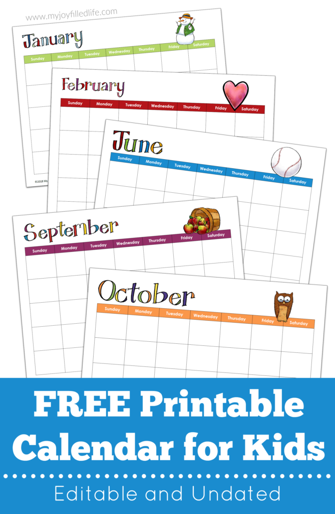 FREE Printable Calendar for Kids - Editable &  Undated - My Joy ...