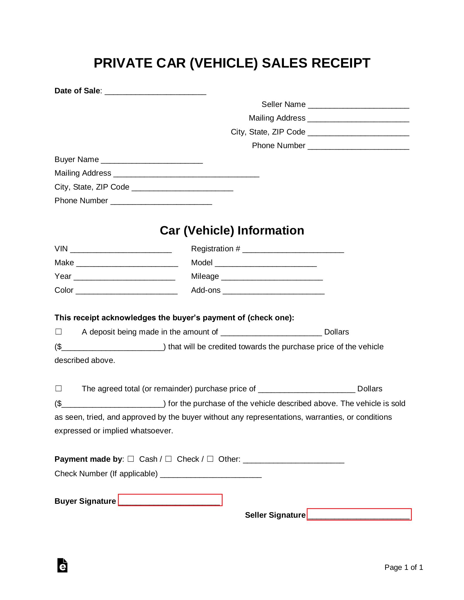 Free Vehicle (Private Sale) Receipt Template - PDF | Word - eForms