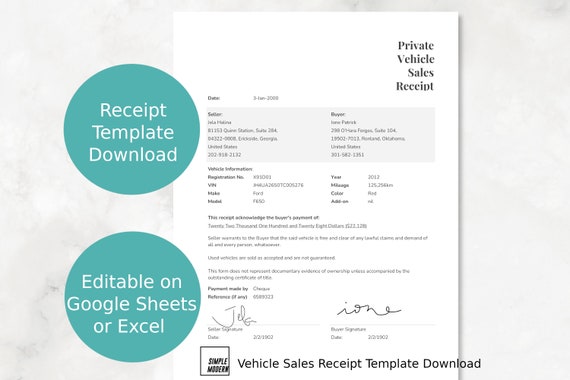 Simple Bill of Sale for Car Editable in Google Sheets or Excel ...