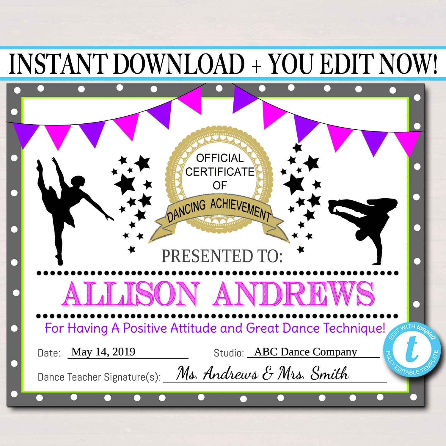 printable certificates dance