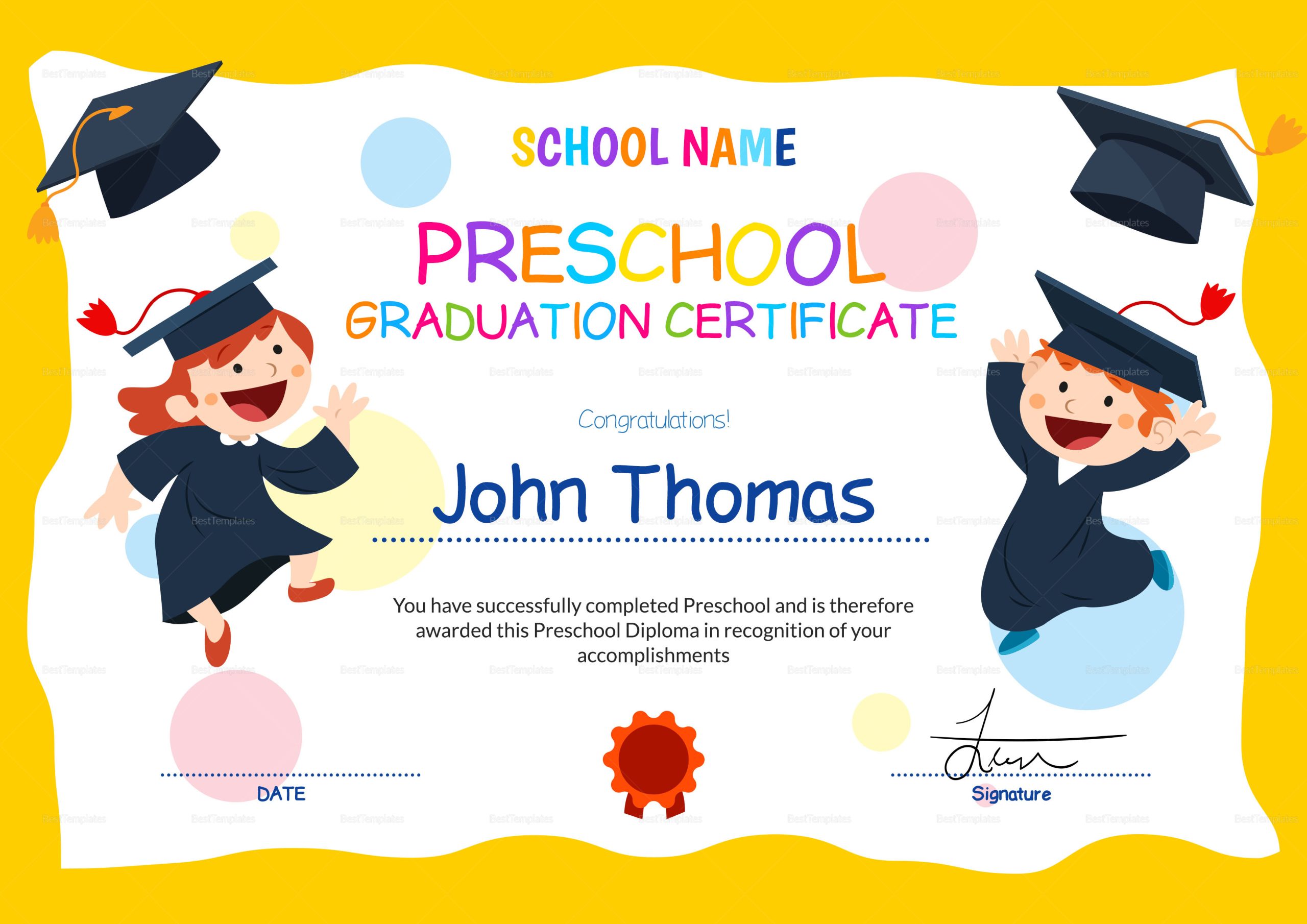 Preschool Graduation Certificate Design Template in PSD, Word