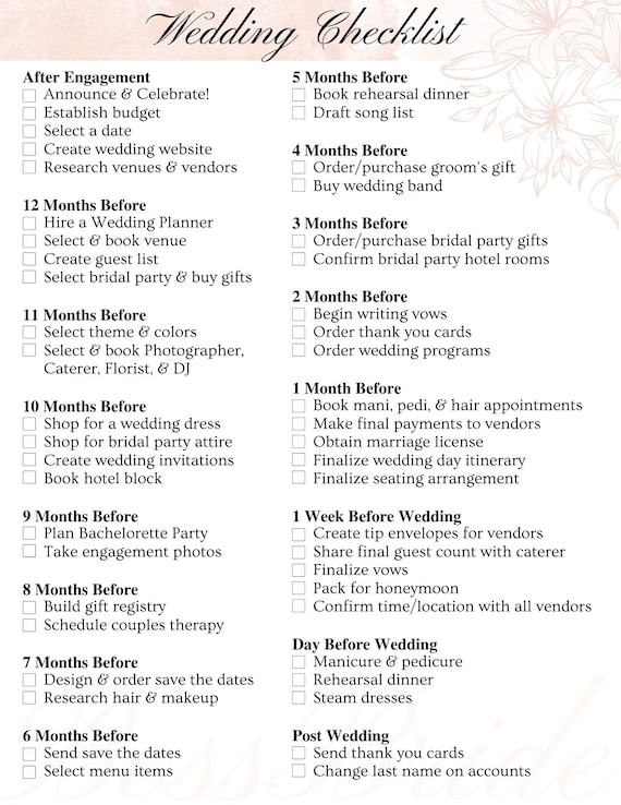 Wedding Checklist Editable Printable Instant Download Wedding ...
