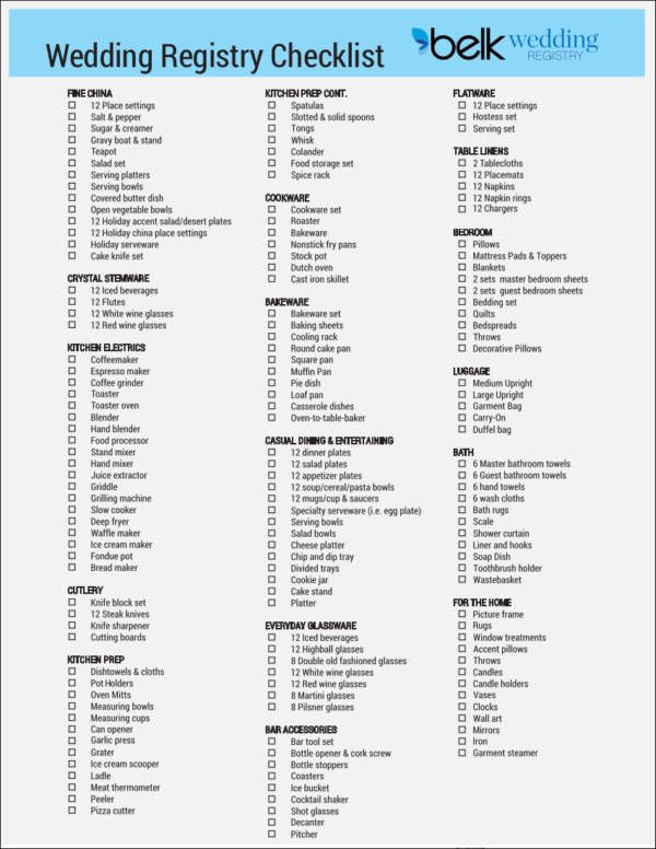 printable checklist for wedding registry