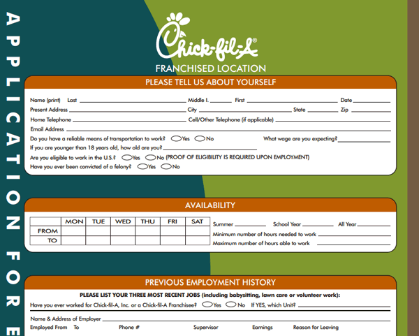 Chick-fil-A Application PDF Print Out