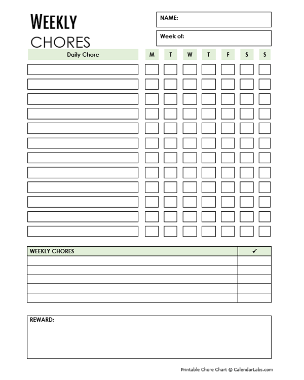 Weekly Chore Chart - Free Printable Templates
