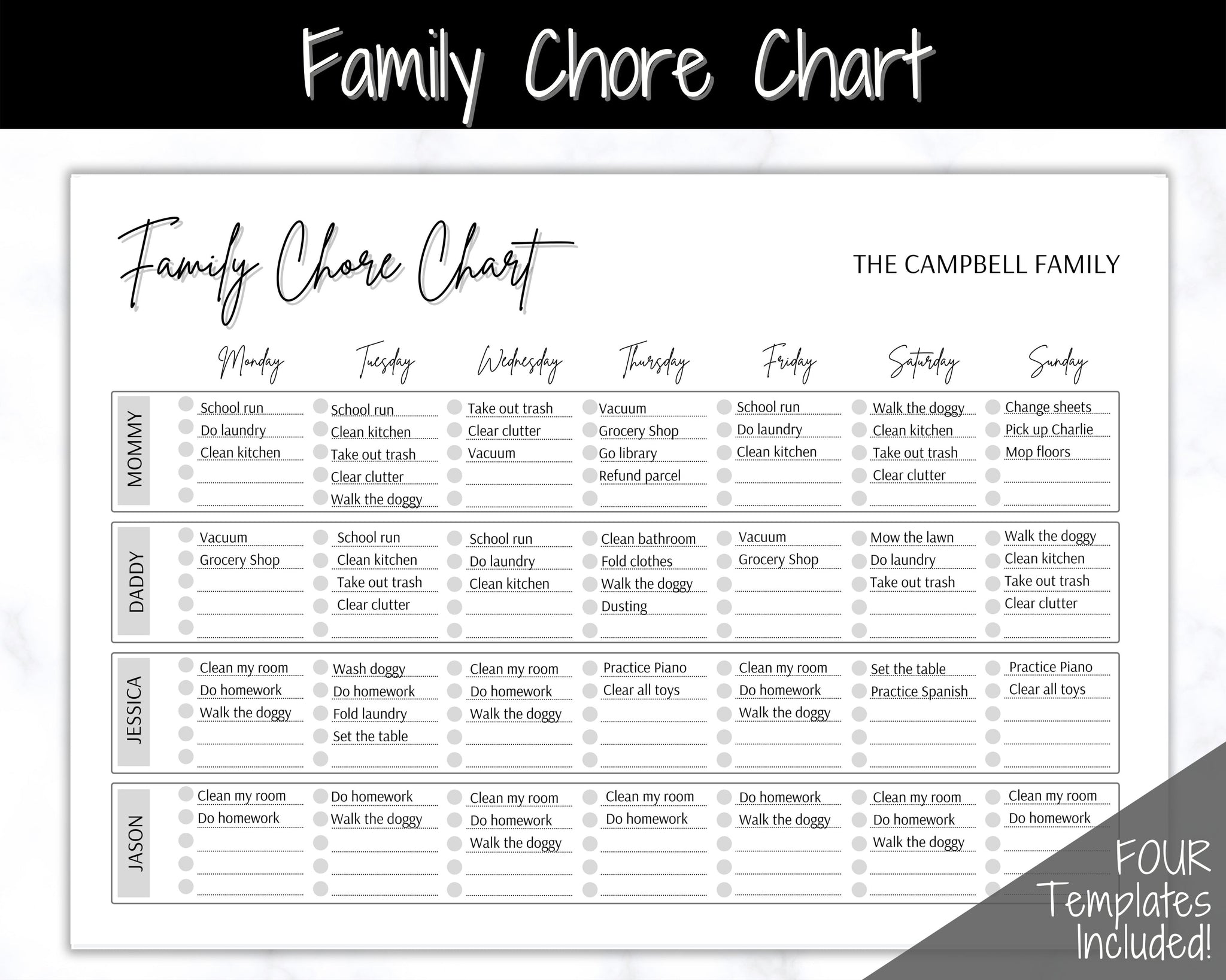 Editable Family Chore Chart Planner | Printable Templates - Mono