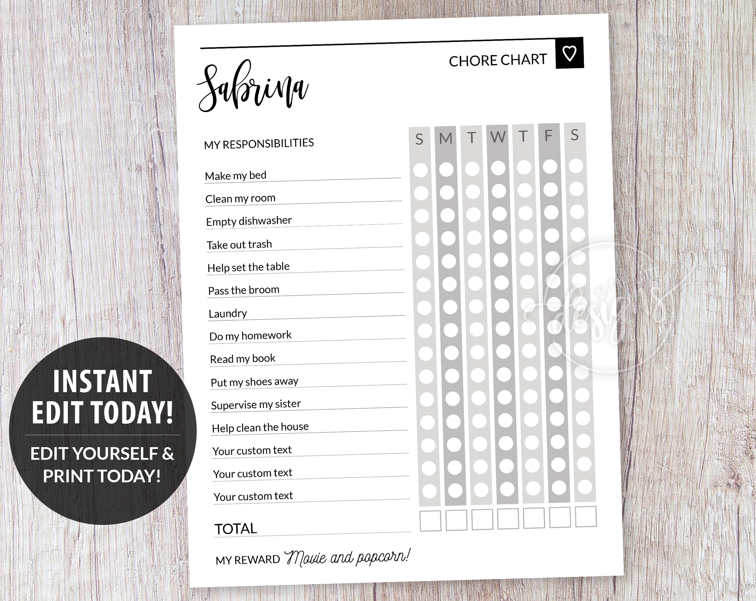 Chore List Template for Teens Kids, Grey Responsibility Chart ...
