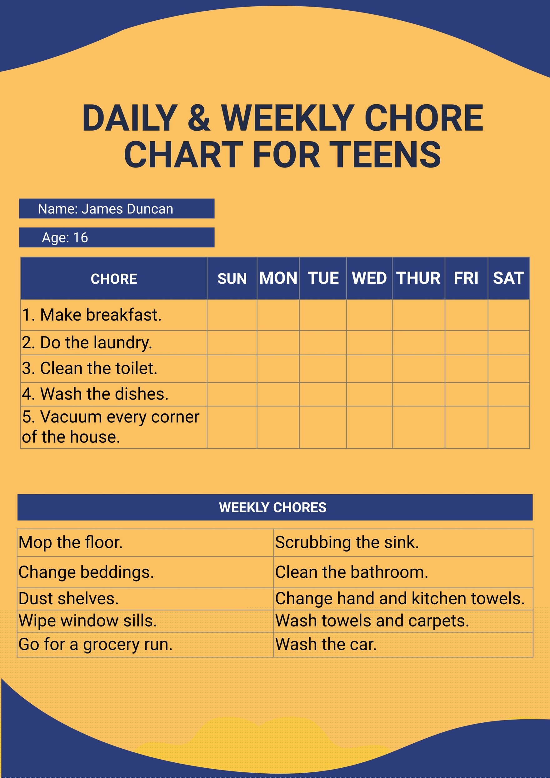 Daily &  Weekly Chore Chart For Teens in Illustrator, PDF ...