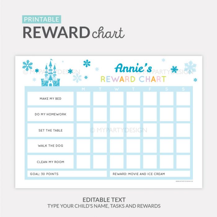 Ice Princess Reward Chart Printable for girls, Blue - My Party Design