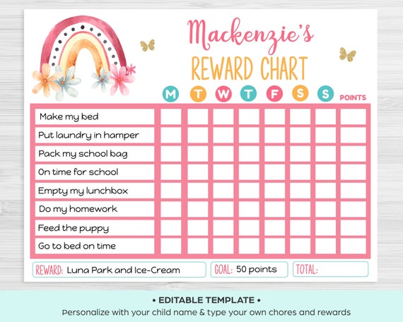 EDITABLE Chore Chart Template Rainbow, Printable Behavior ...