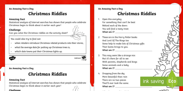Christmas Riddles for Children - Printable Holiday Worksheet