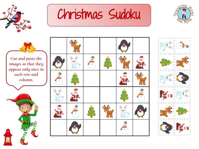 Christmas sudoku Treasure hunt 4 Kids printable free game Christmas sudoku Treasure hunt 4 Kids printable free game