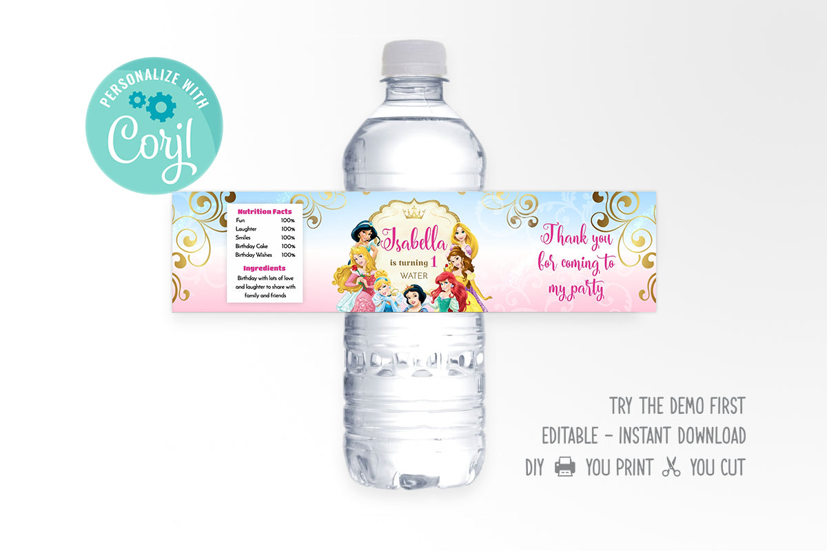 Disney Princess Water Bottle Label - Easy Inviting