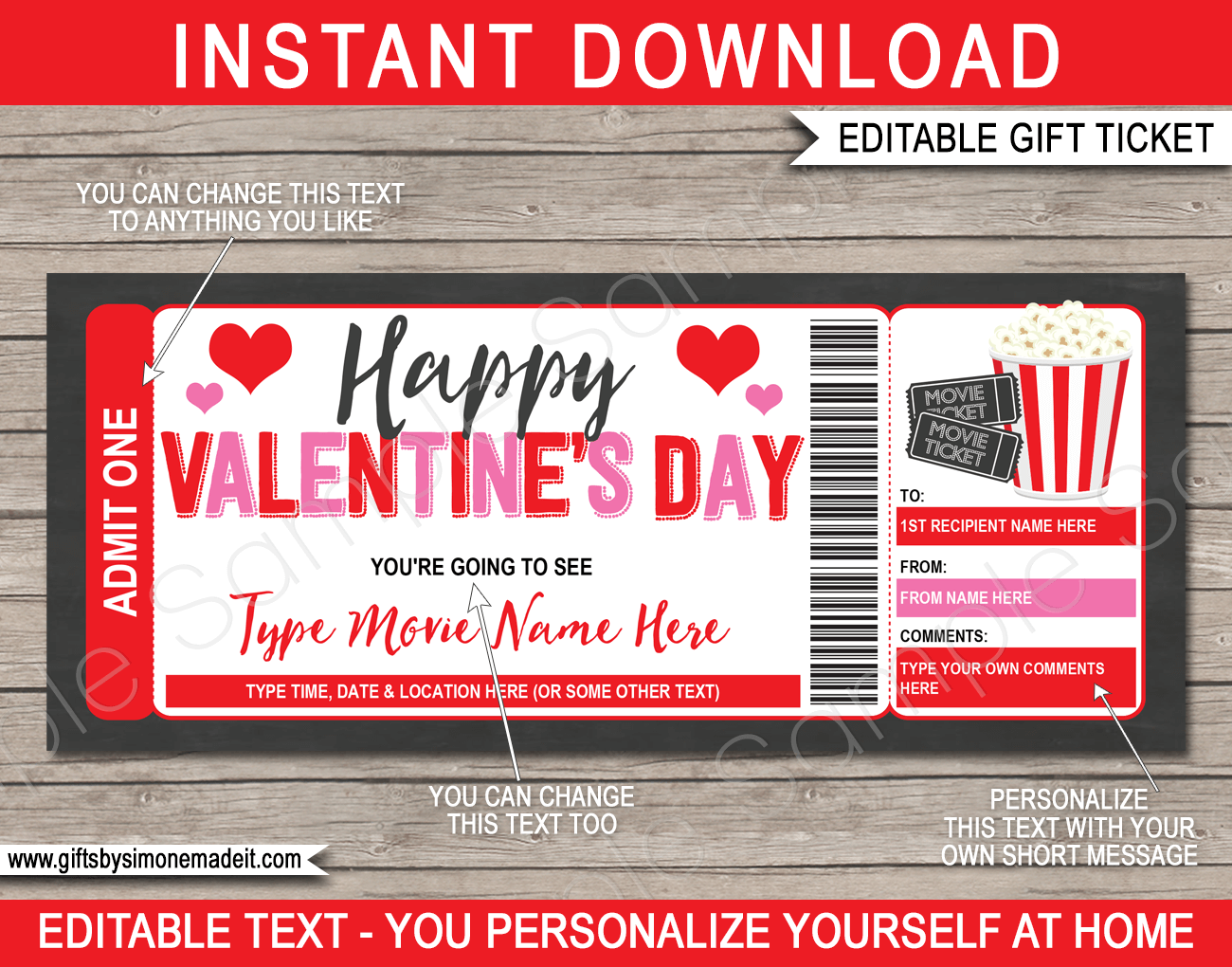 Valentines Day Movie Ticket Template | Family Movie Night Gift Voucher