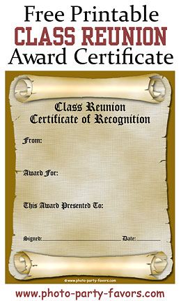 Class Reunion Awards Ideas - Free Printable Reunion Award Certificate