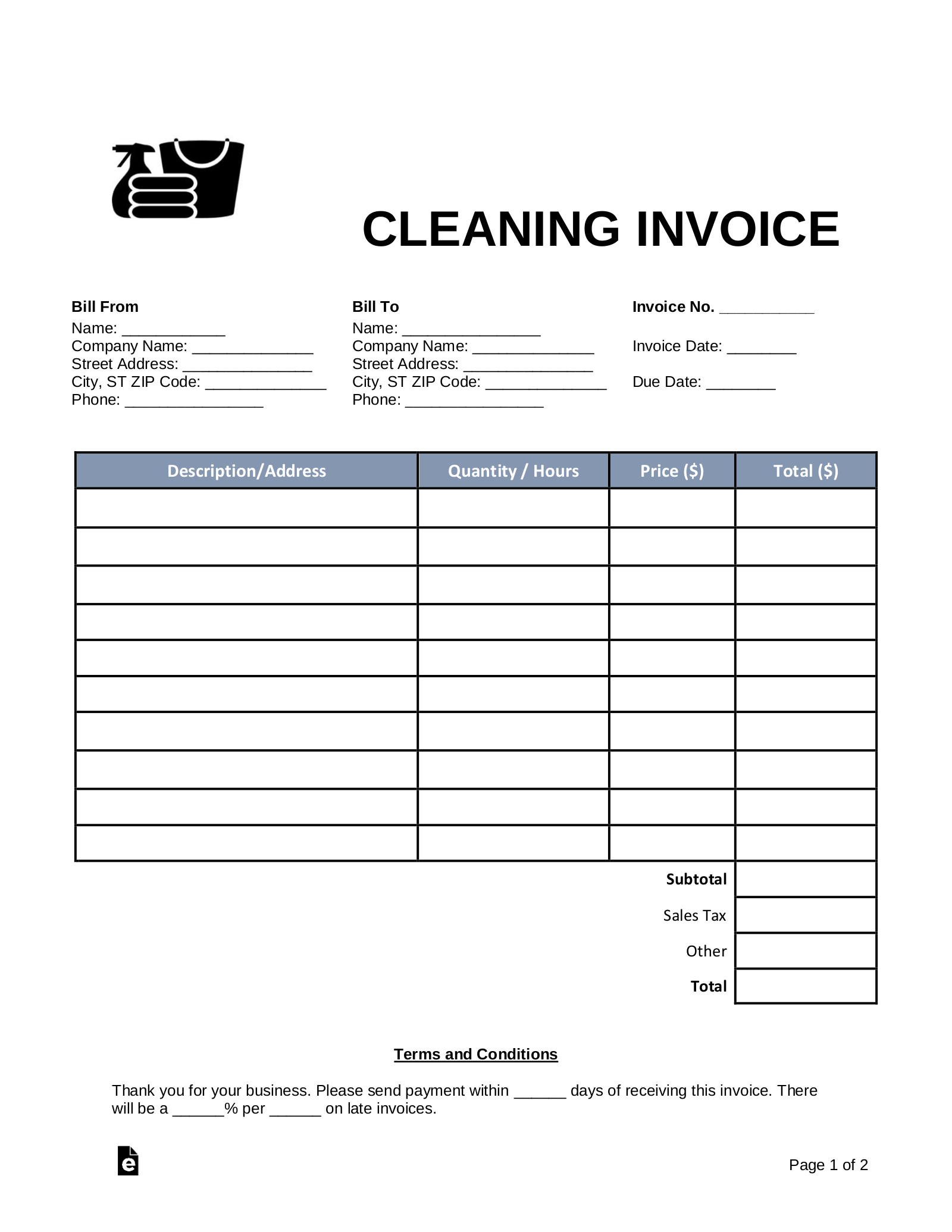 Free Cleaning (Housekeeping) Invoice Template - PDF | Word - eForms