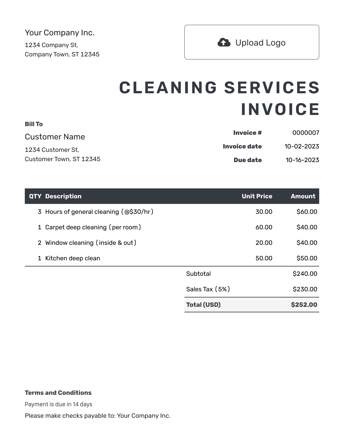 Free Cleaning Services Invoice Template | docelf.com