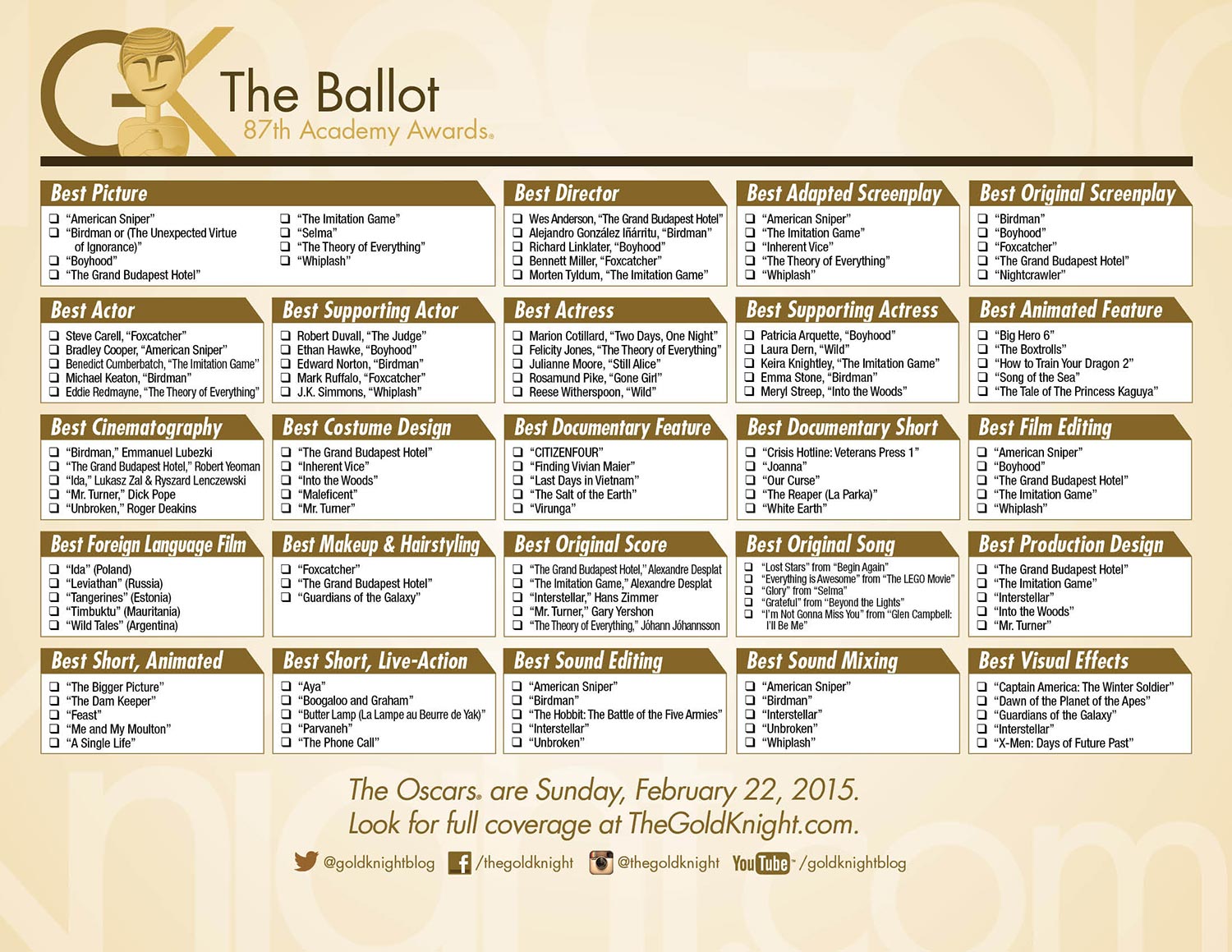 Oscars 2015: Download our printable ballot | The Gold Knight ...