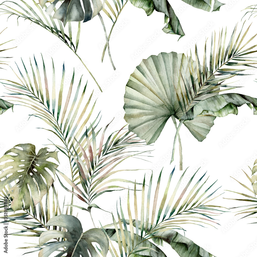 Watercolor tropical seamless pattern with monstera, banana and ...