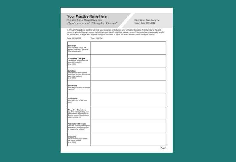 Dysfunctional Thought Record Worksheet PDF -