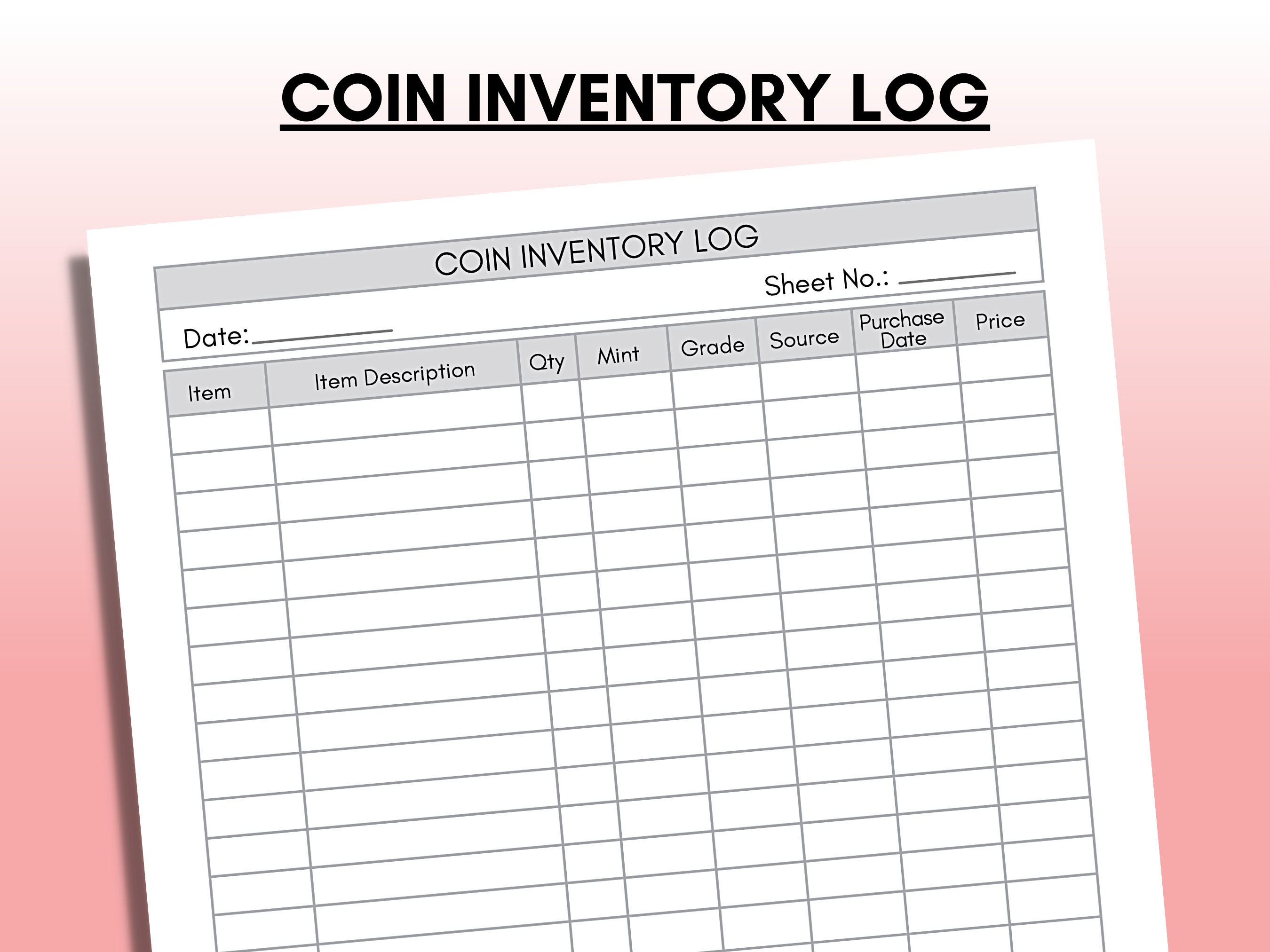 Coin Inventory Log Coin Collection Collectible Coin Inventory 