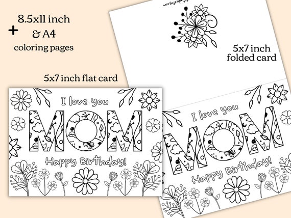 Printable Coloring Birthday Card for Mom. Cute Mom Birthday Card ...
