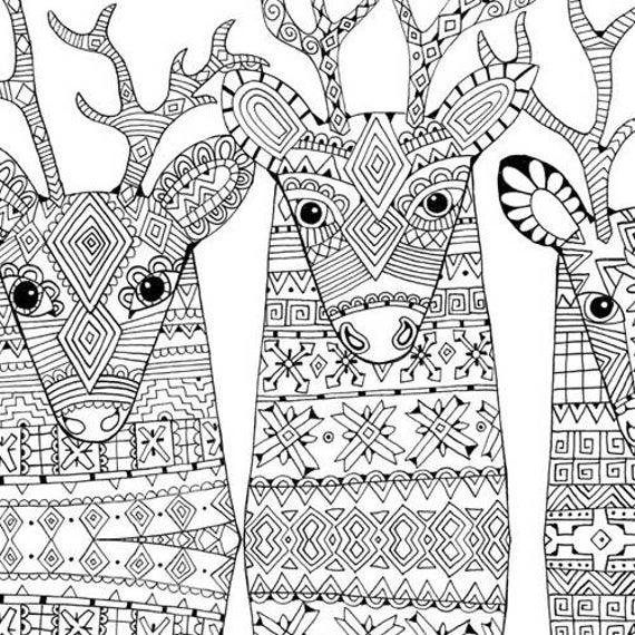 3 Reindeer Christmas Printable Coloring Pages for Instant Download ...