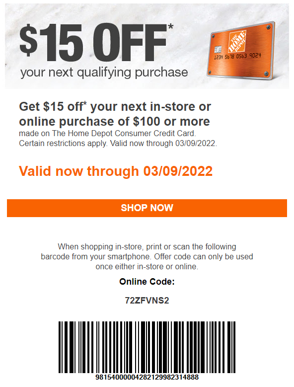 Home Depot $15 off. Valid Now - March-9-2022 : r/coupons