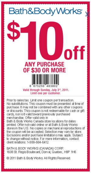 Bath &  Bodyworks Canada: $10 Off Your $30 Purchase *Printable ...