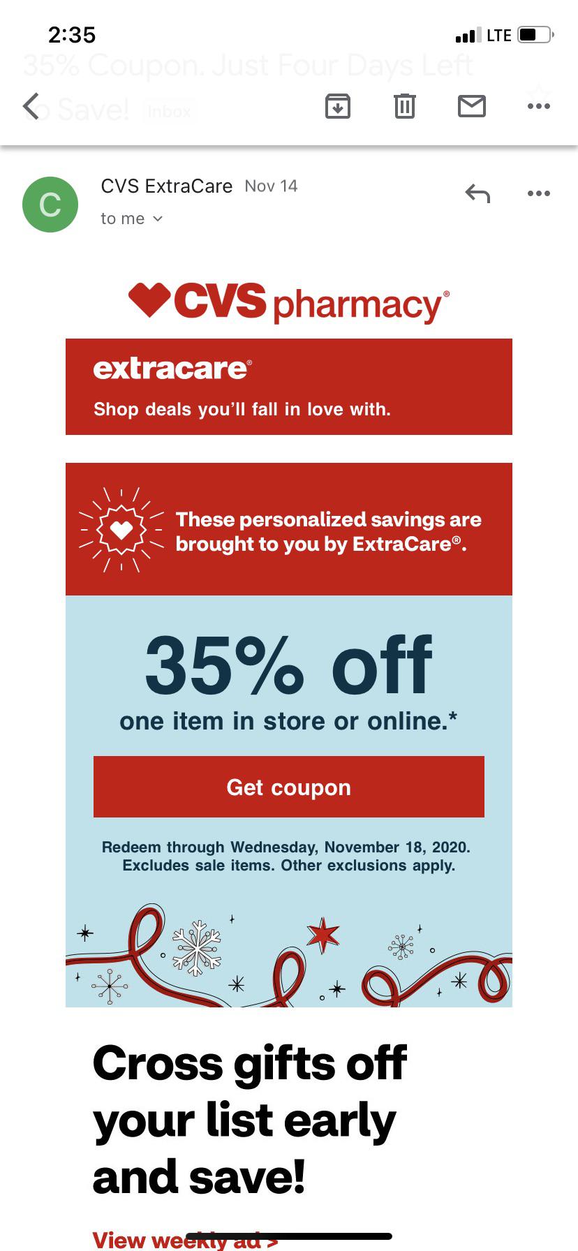 CVS Has A 35 Off Coupon For Extra Care Members Valid Until 11 18 