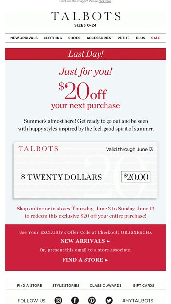 Your $20 off CODE EXPIRES at MIDNIGHT! - TALBOTS Email Archive
