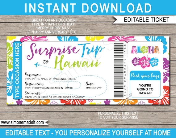 Printable Hawaii Plane Ticket Boarding Pass Template Surprise Trip ...