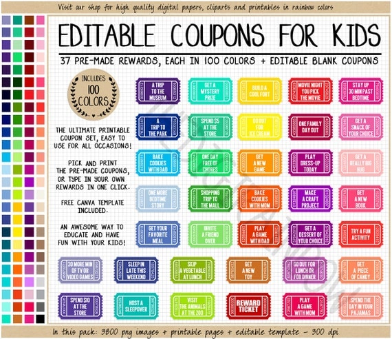EDITABLE REWARD COUPONS Clipart Printable Reward Tickets Rainbow ...