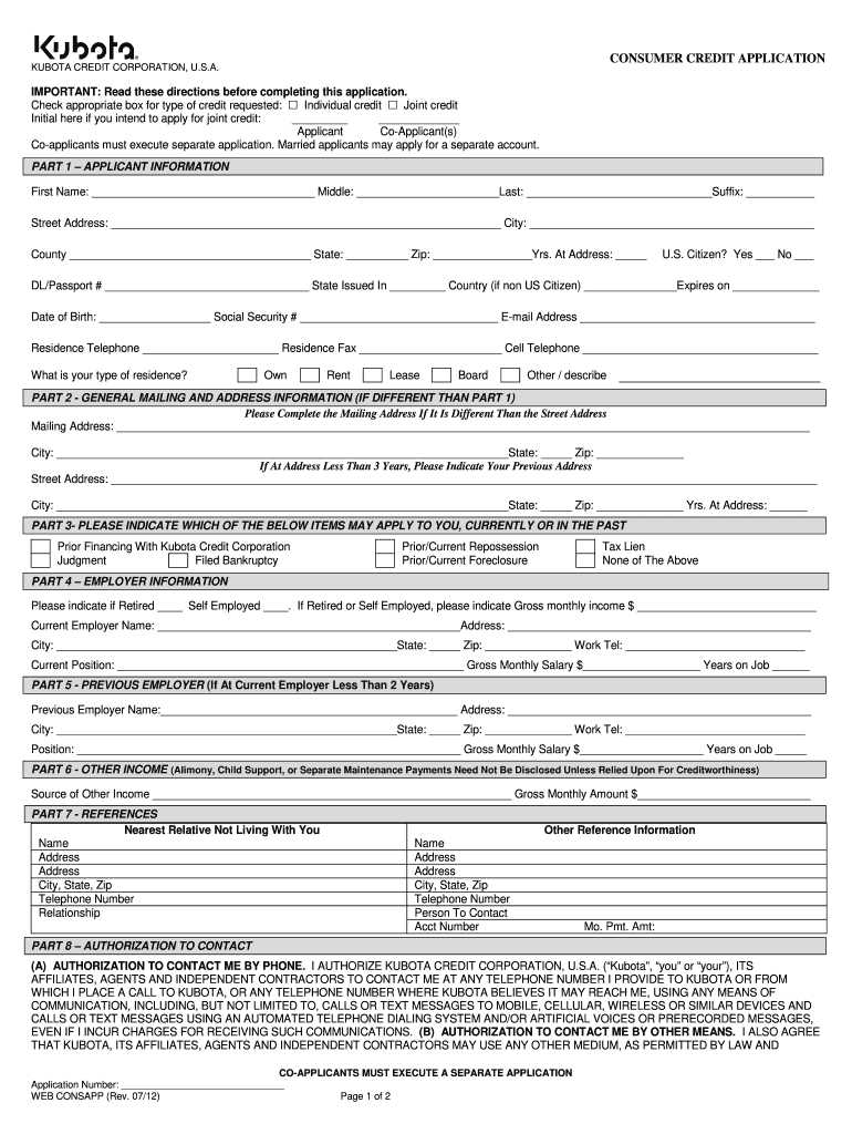 2012 Form Kubota Consumer Credit Application Fill Online ...
