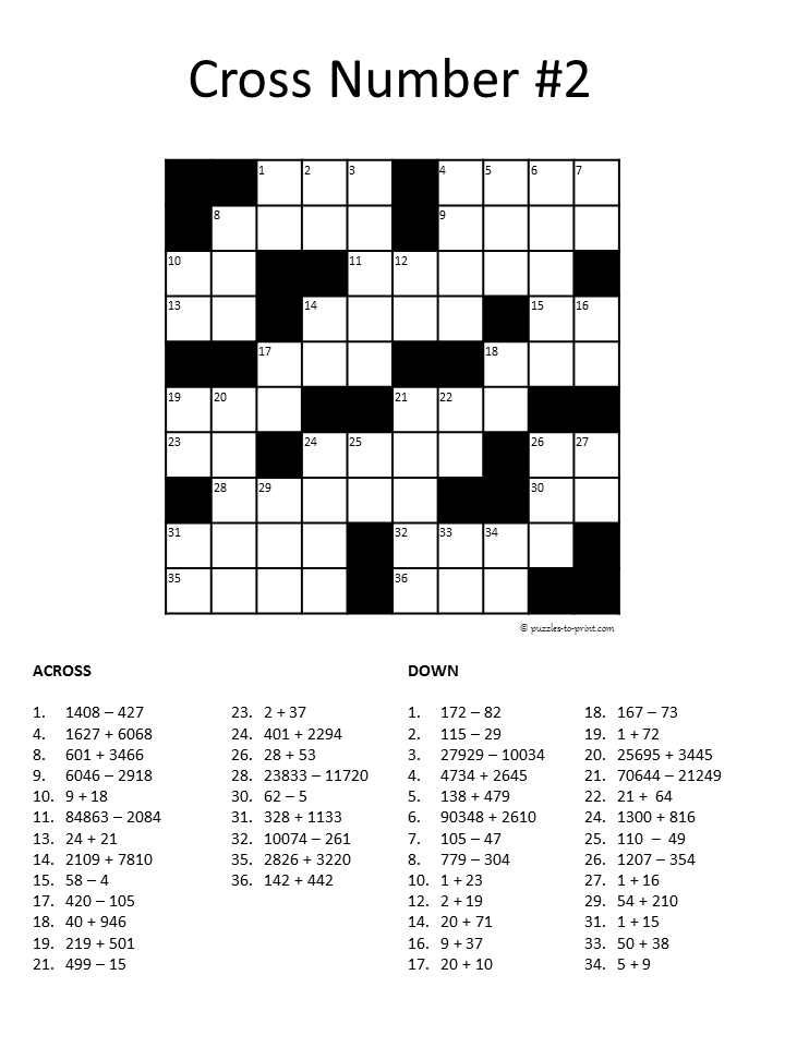 Free Printable Math Crossword 2