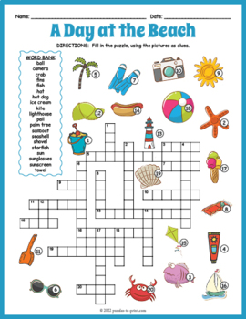 BEACH THEME DAY SUMMER Crossword Puzzle Worksheet Activity