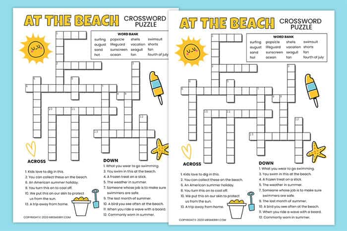 Beach Printable Crossword Puzzle For Kids | Mrs. Merry