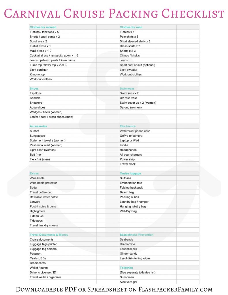 printable cruise travel packing list