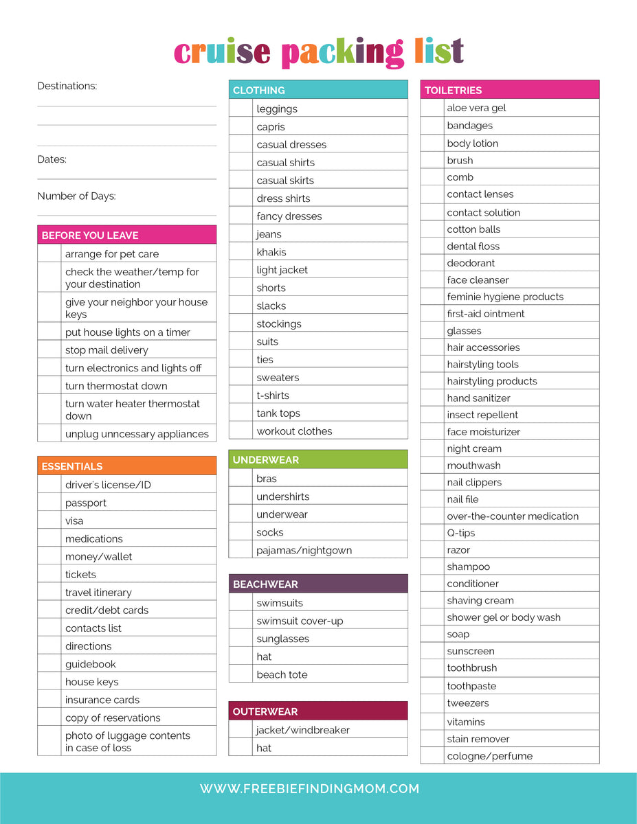 printable cruise travel packing list