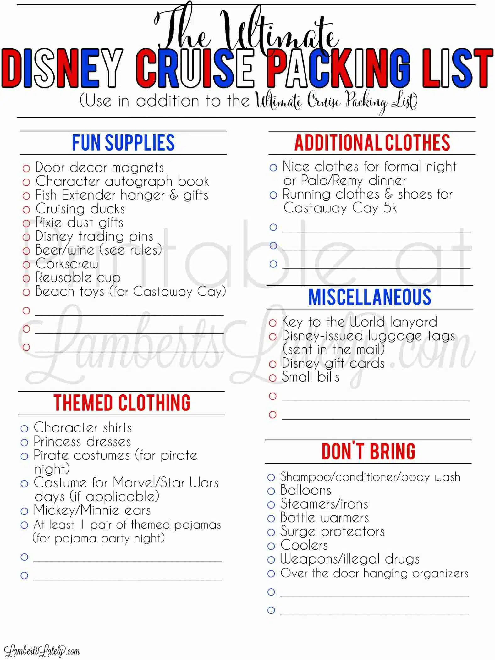 printable cruise travel packing list