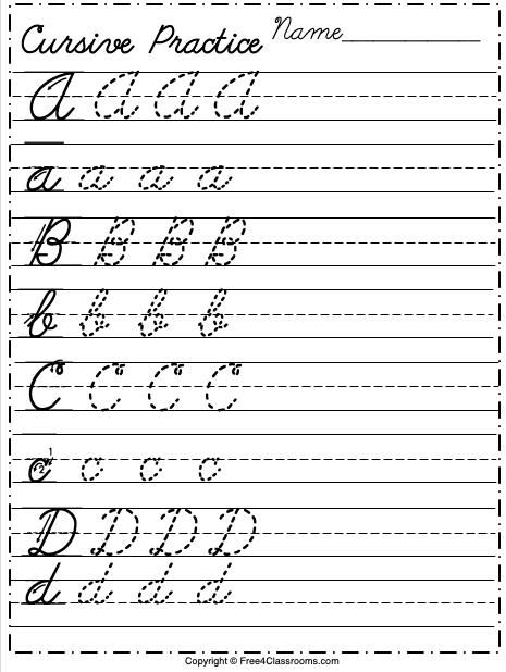 Free Cursive Alphabet Worksheet - Letters A to D - Free Worksheets ...